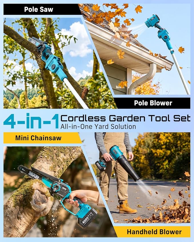 SEESII 4-in-1 Cordless 8 Inch Pole Chainsaw & Leaf Blower Battery Powered | 2 x 4000mAh Batteries, Adjustable 180° 560CFM Hand Blower, Electric Saw with 10FT Extension Pole for Tree Trimming, Lawn Care