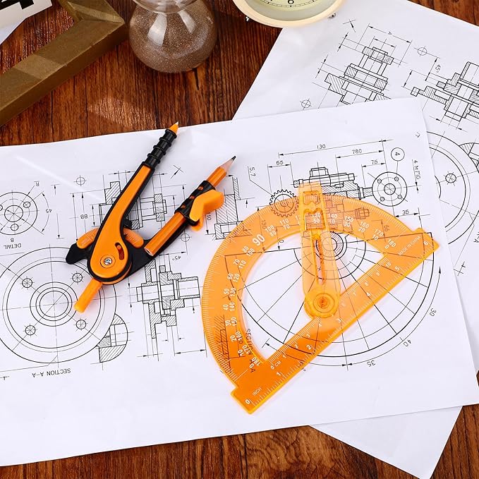 Zonon Student Protractor and Compass Set, Student Geometry Math Set Drawing Compass and 180 Degree 6 Inch Protractor with Swing Arm for Drawing Measuring School Office(Orange)
