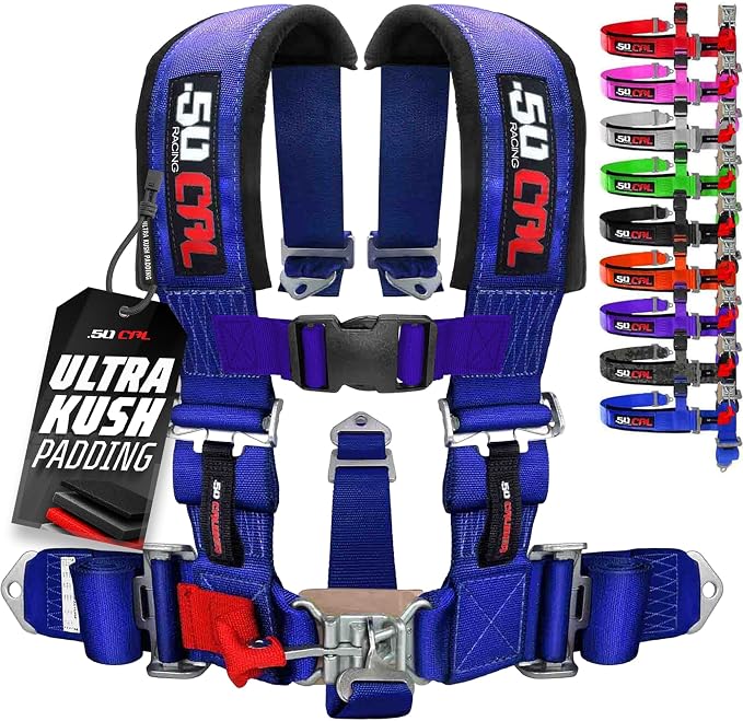 1pc 50 Cal Blue 5 Point Harness w/ 2" Straps, Racing Harness Seat Belt | Ultra Kush padding, Race latch quick release hardware. Universal Fit for UTV, RZR, race car. Part# 6009A6