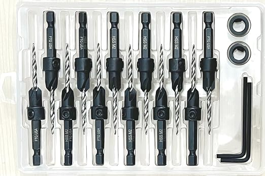 FTG USA 12 Pc #6 (9/64") Countersink Drill Bit Set with Depth Stop Collar, Hex Wrench - Tapered Drill Bits for Wood
