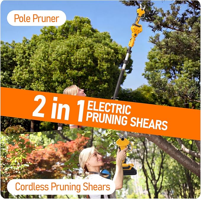 2 IN 1 Electric Pole Pruner Compatible with Dewalt 20V Battery(No Battery) | Electric Pruning Shears with 1.6" Cutting Diameter, 4 Modes, LCD Display for High Branch & Tree Trimming