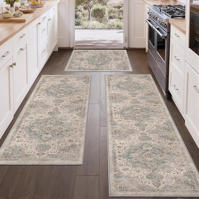 Color&Geometry Vintage Kitchen Rugs Sets of 3, Machine Washable 4mm Ultra Thin Stain Resistant Kitchen Floor Mats, Non Slip TPE Backing Runner for Sink,Hallway,Laundry,Entryway (2x3+2x5+2x7)
