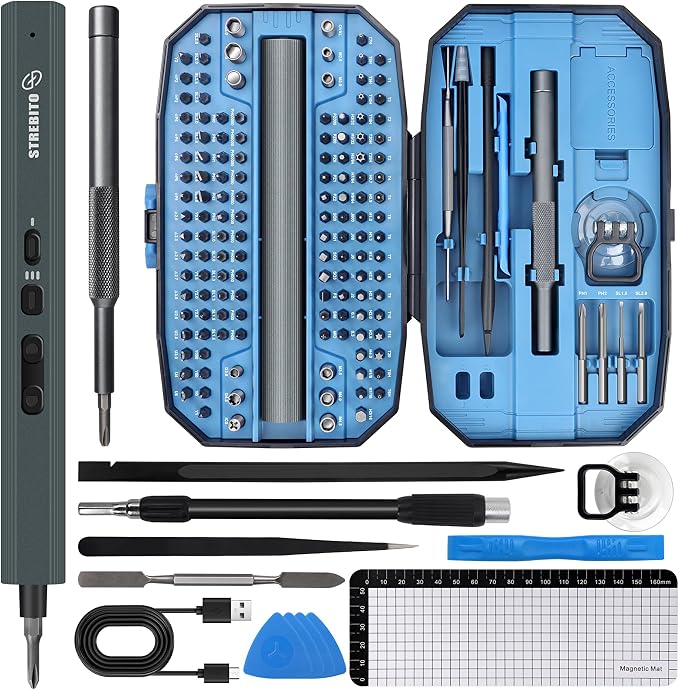 STREBITO 155 in 1 Electric Screwdriver Set, Small Electric Screwdriver Cordless with 140 S2 Magnetic Bits, Electronic Power Screwdriver Repair Tool Kit for RC, Computer, PC Building, Laptop