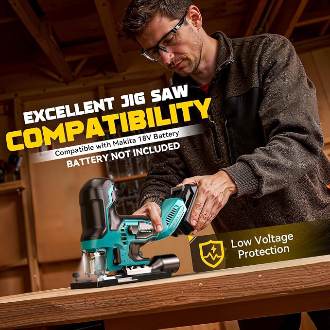 Ecarke Cordless Jig Saw Compatible With Makita 18V Battery, Brushless Motor 3800RPM, 7 Speeds Dial Control, Free-Tool ±45° Bevel Cuts, 4 Orbital Action, Dust Blows and 6 Blades For Cutting, Tool Only