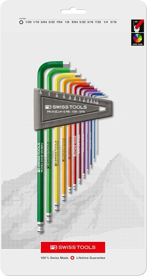 PB SWISS TOOLS Allen Key Set PB 212Z.LH-12 RB | 100% Swiss Made | 12-Piece Long Hex Key Set with Ballpoint, Inch Sized for Screwdriving Work in Industry and Handcraft