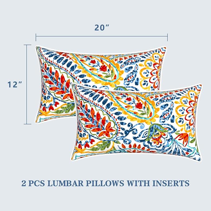 LVTXIII Set of 2 Outdoor Lumbar Pillows for Patio Furniture with White Piping, 12"x20" Fade Resistant Patio Lumbar Pillows with Inserts for Home Coach Sofa Use, Paisley Multi