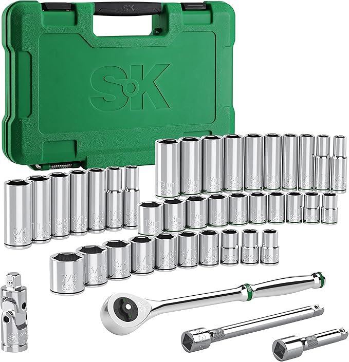 SK 3/8" Drive Socket Set with 216-P Ratchet, 41-Piece, SAE & Metric Sockets | Quick-Release Ratchet, SuperKrome Finish, Premium CR-V Steel, Heat Treated, with Storage Suitcase