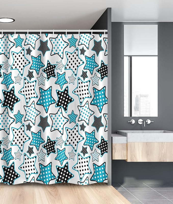 Ambesonne Cartoon Stall Shower Curtain, Stars Shapes Cartoon Illustration Geometry Cheer Celebration, Fabric Bathroom Decor Set with Hooks, 54" W x 78" L, Petrol Blue Black White