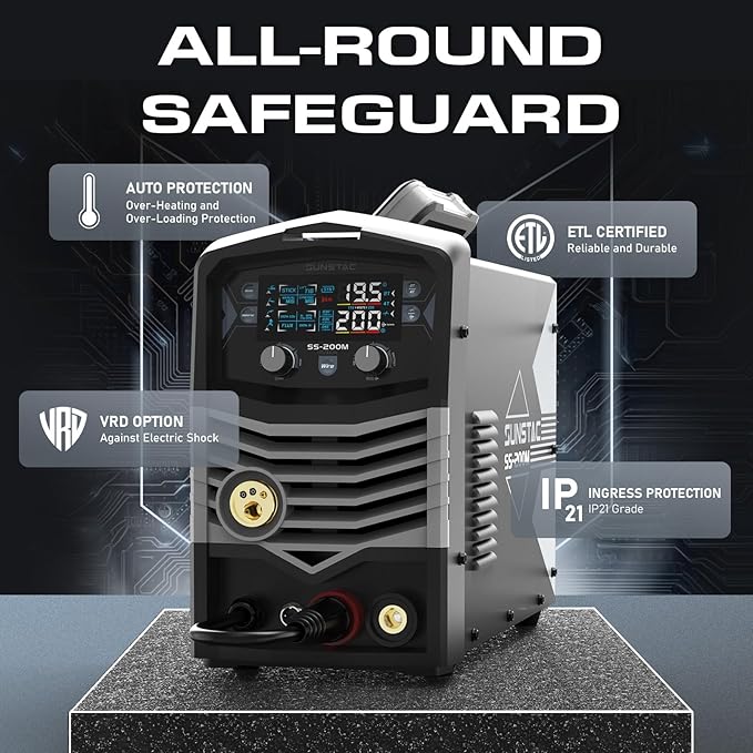 Sunstac MIG Welder, 200A Duo Voltage 5 in 1 Aluminum MIG Welding Machine, MIG/Flux Core/Spool Gun/Lift TIG/Stick, IGBT Inverter Welder Synergic Control, Digital Display (NEW VERSION)