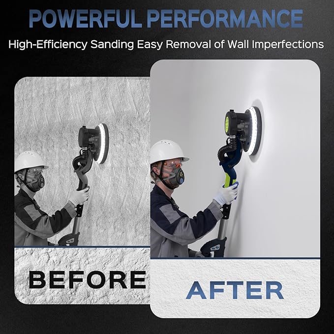 Drywall Sander, 2026 Upgraded 8-Amp Popcorn Ceiling Removal Tool with 7 Variable Speed 800-1800RPM, Drywall Sander with Vacuum Dust Collector with LED Light, Extendable Handle,12pcs Sanding Discs,Blue