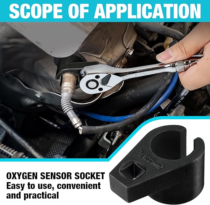 DURATECH O2 Oxygen Sensor Socket 3/8-Inch Drive x 7/8-Inch (22mm), Offset Wrench Cr-Mo Steel, 6-Point Tool with Wire Gate