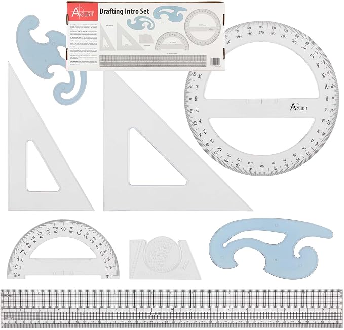 Acurit Drafting Beginner Set - Drafting Tools & Supplies - 7-Piece Drafting Kit for Artists, Architects- Includes Metric Triangles, 8" Protractor, French Curves, Ruler, Pencils & More