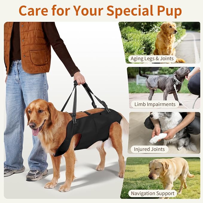 Full Body Dog Lift Harness, Support Senior & Disabled Dogs Walking | Help Up & Down Stairs Grooming, Dog Sling Backpack, Front Hind Leg Joint Injuries, Reflective, Soft Padded Handle | Black, XL