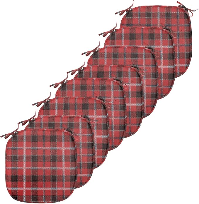 Lunarable Buffalo Plaid Chair Seating Cushion Set of 8, Arrangement with Lumberjack Themes Geometric Concept Pattern Print, Anti-Slip Seat Padding for Kitchen & Patio, 16"x16", Vermilion and Grey