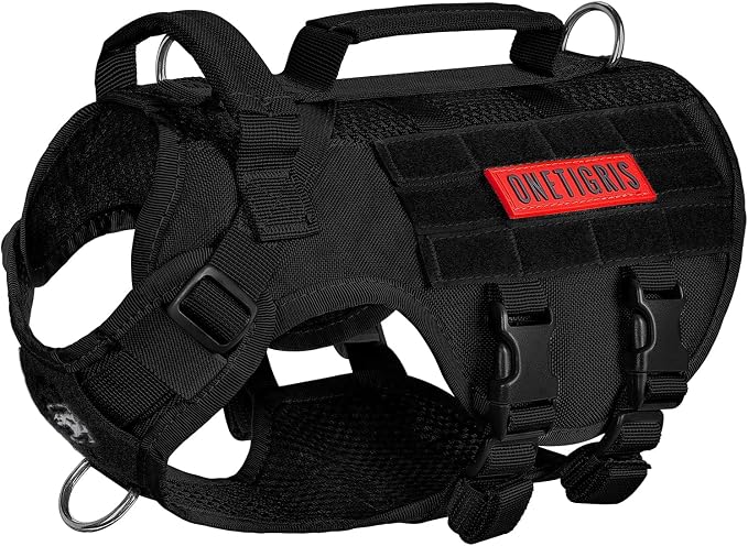 OneTigris Tactical Dog Harness for Small Dogs, No Pull Small Dog Vest Harness with Handles Breathable Military Dogs Molle Vests, Harness for Walking Hiking Training (Black, XS)
