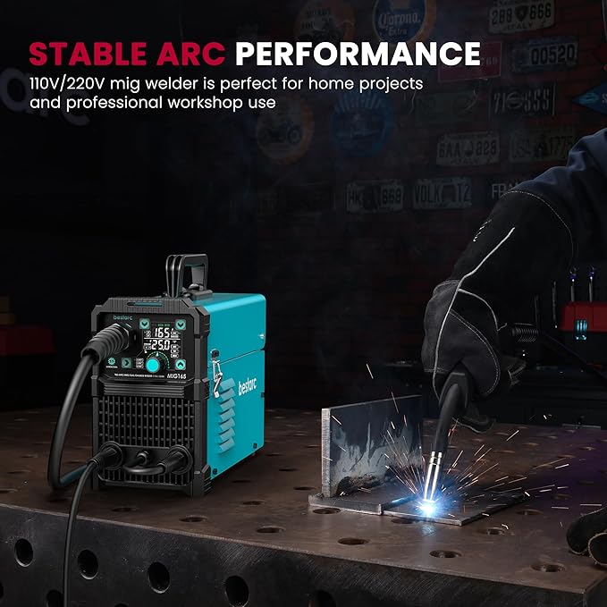 bestarc 165A MIG Welder, 110V 220V 4 in 1 Gas/Flux Core MIG/Lift TIG/Stick Welder Machine, Large LED Display Welding Machine, IGBT Inverter Welder MIG165 Soild Gasless Synergy MIG Welder