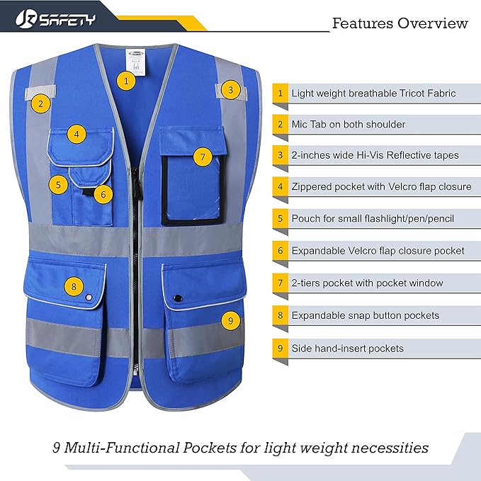 JKSafety 9 Pockets High Visibility Zipper Front Safety Vest With Reflective Strips Meets ANSI/ISEA Standard (150Blue-XL)