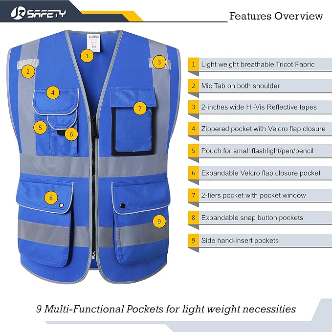 JKSafety 9 Pockets High Visibility Zipper Front Safety Vest With Reflective Strips Meets ANSI/ISEA Standard (150Blue-M)