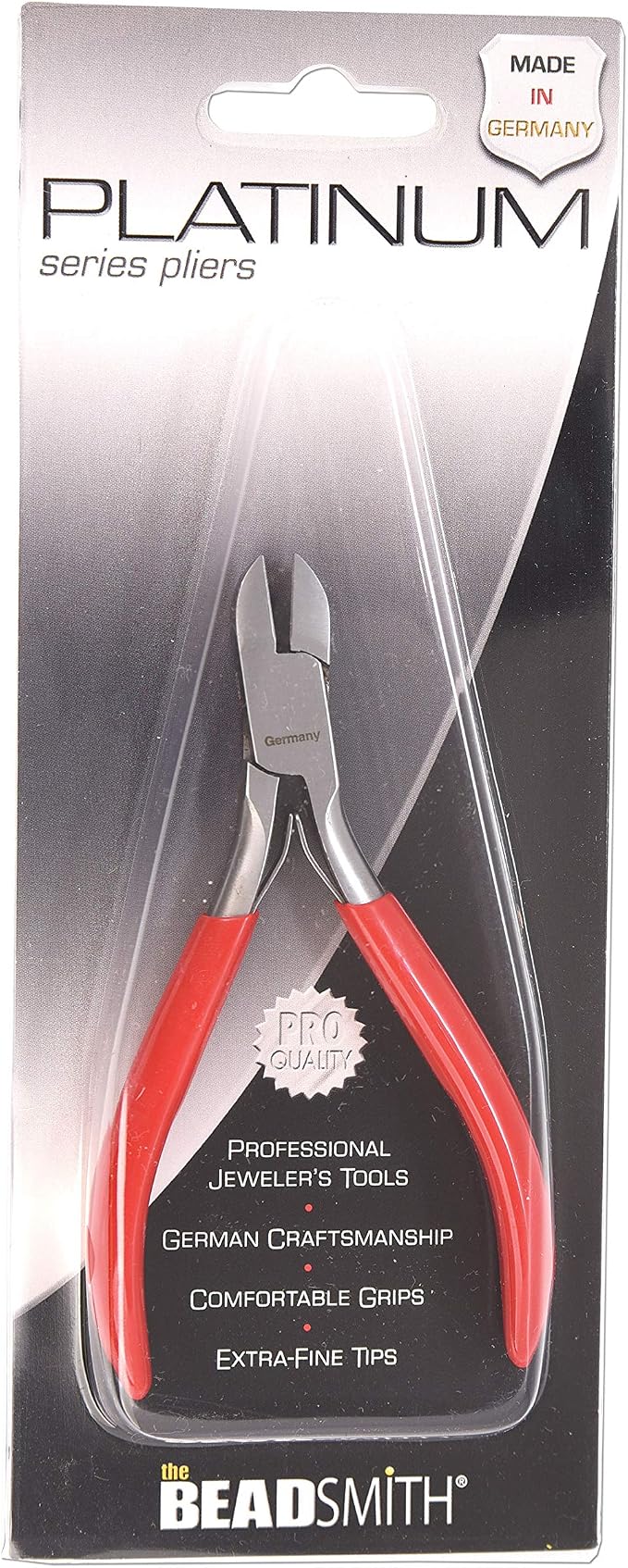 The Beadsmith Platinum Series German Flush Cutter, 4.75 inches (120mm) with polished steel head, red PVC comfort grip handle and double-leaf spring, tool for jewelry making