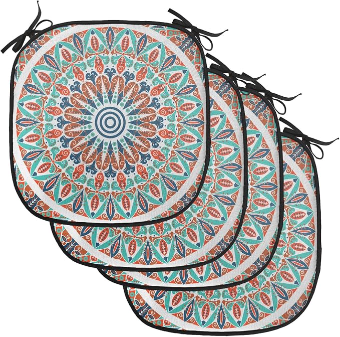 Lunarable Moroccan Chair Cushion Pads Set of 4, Floral Geometry Complex Design Medallion Middle Ages Tribal Art, Anti-Slip Seat Padding for Kitchen & Patio, 16"x16", Turquoise Dark Blue