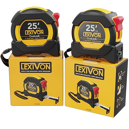 LEXIVON [2-Pack] 25Ft/7.5m DuaLock Tape Measure | 1-Inch Wide Blade with Nylon Coating, Matt Finish White & Yellow Dual Sided Rule Print | Ft/Inch/Fractions/Metric (LX-202)