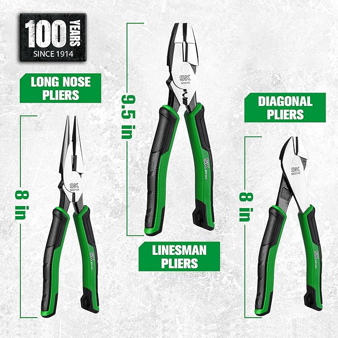 SK 3-Piece Pliers Set, 9.5-Inch Linesman, 8-Inch Diagonal & Needle Nose Pliers, High Carbon Steel, Ergonomic Anti-slip Handle, with Rolling Pouch