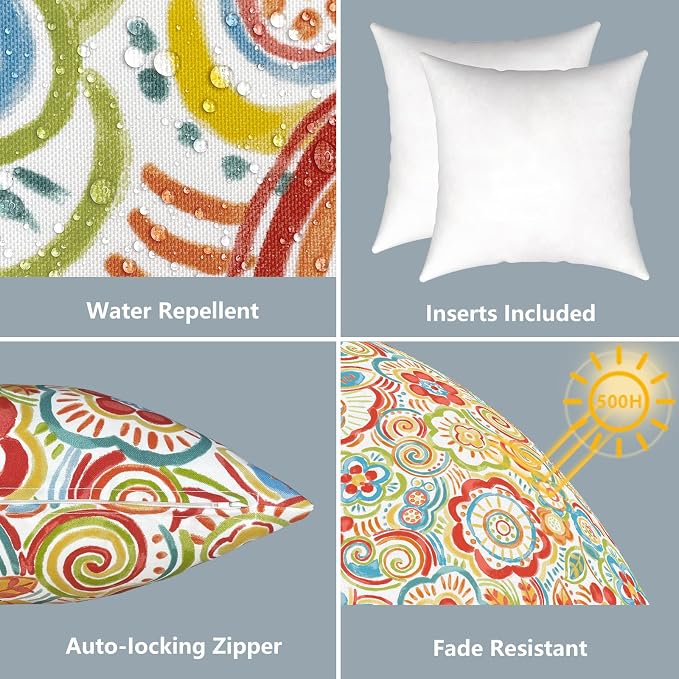LVTXIII Outdoor Throw Pillows, Decorative Throw Pillows with Inserts, 16"x16" Square Pillows for Bed, Couch, Sofa and Patio Furniture, Set of 2, Flower Multi