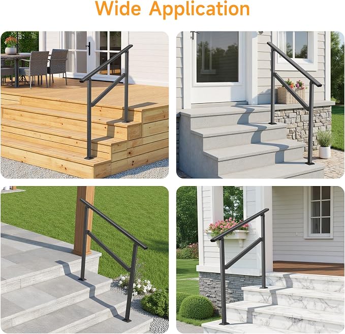 Hand Rails for Outdoor Steps 2-5 Steps Wrought Iron Handrails | Stair Railing for Porch, Home, Garden, Indoor, Staircase Handrails for Wooden, Cement, Brick, Marble (3 Steps)