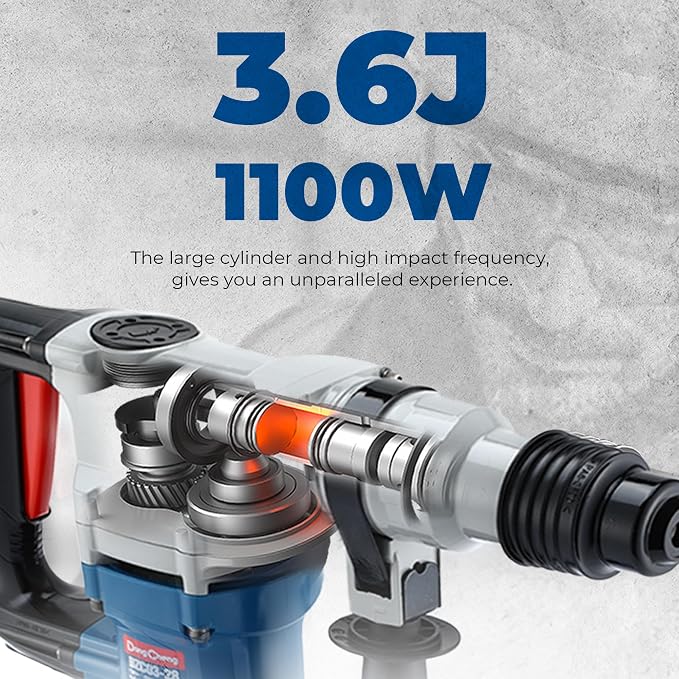 DongCheng 1-1/8 Inch SDS-Plus Rotary Hammer with 9.2A Motor, 3.6J Impact Energy, 5,000 BPM for Concrete & Demolition, Includes 3 Drill Bits, 2 Chisels, Case (Safety Clutch, 110V)
