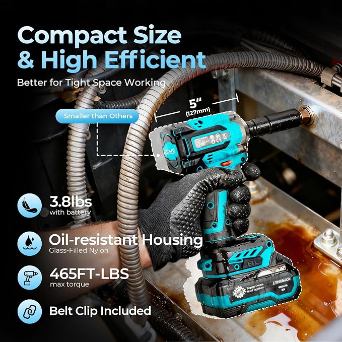 1/2" Cordless Impact Wrench Kit, 630N.m (465Ft.lb) Brushless Impact Gun with 4.0Ah Battery and Fast Charger, 3-Mode Speed, 2500RPM 20V Power Impact Driver Electric Impact Wrench with LED Light for Car