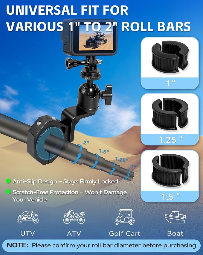 ZHILXN UTV ATV Aluminum Action Camera Clamp Mount Fits 1" - 2" Roll Bar