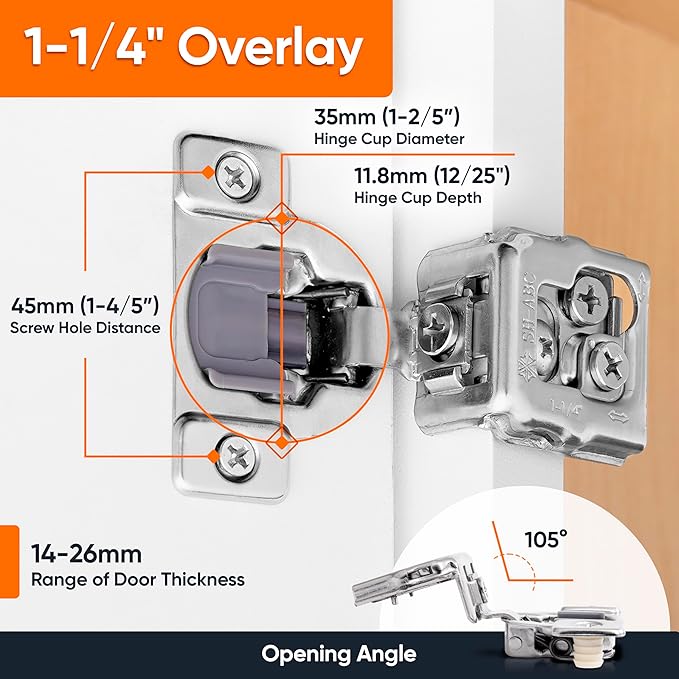 Decobasics 60 Pack Soft Close Cabinet Hinges 1-1/4" Overlay for Kitchen Cabinet Doors, Slow Self-Closing Concealed Hidden Hinges for Face Frame –Stainless Steel, 3-Way Adjustable & Quiet Close Damper