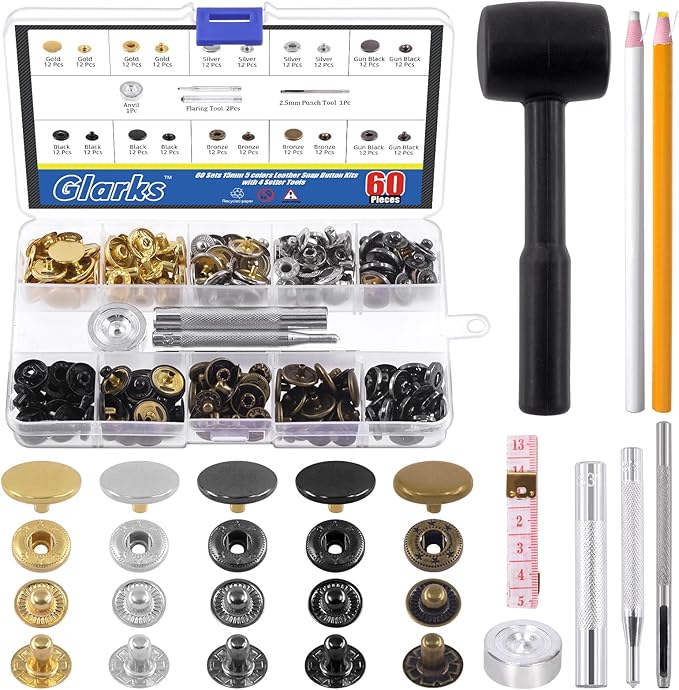Glarks 60 Sets Leather Snap Fasteners Kit, 15mm 6 Colors Metal Snap Buttons Press Studs with 7Pcs Setting Tools, Hammer, Grease Pencils and Tape Measure for DIY Leather Craft, Clothes, Bags