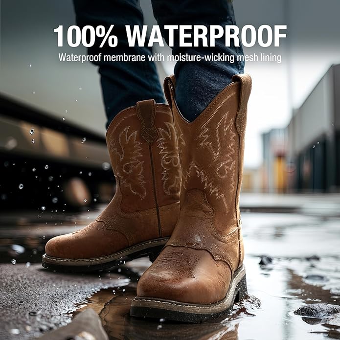 HISEA NINGO Steel Toe Work Boots for Men, Waterproof Square Toe Cowboy Boots Slip on, Comfortable Soft Toe Pull on Western Safety Work Shoes for Construction Industrial Working Welding Riding, Brown