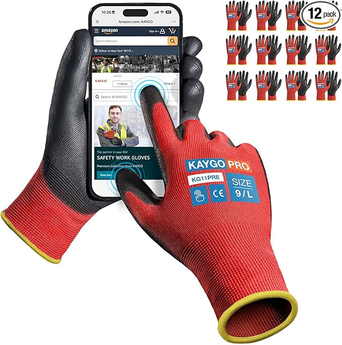 KAYGO Work Gloves PU Coated for Men and Women, 12 Pairs Safety Work Gloves with Two Fingers Touchscreen, Breathable and Lightweight,Ideal for Light Warehouse, Manufacturing, Gardening, KG11P (L, Red)