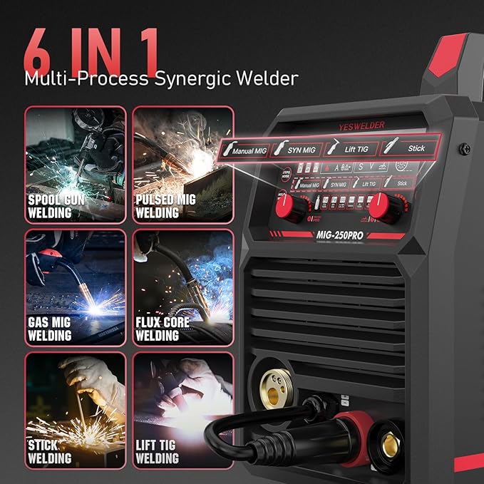 YESWELDER 250A MIG Welder, 110V/220V Dual Voltage, MIG/Pulsed MIG/Flux Core/Spool Gun MIG/Lift TIG/Stick 6-In-1 Multiprocess Advanced Digital Display Aluminum Welding Machine
