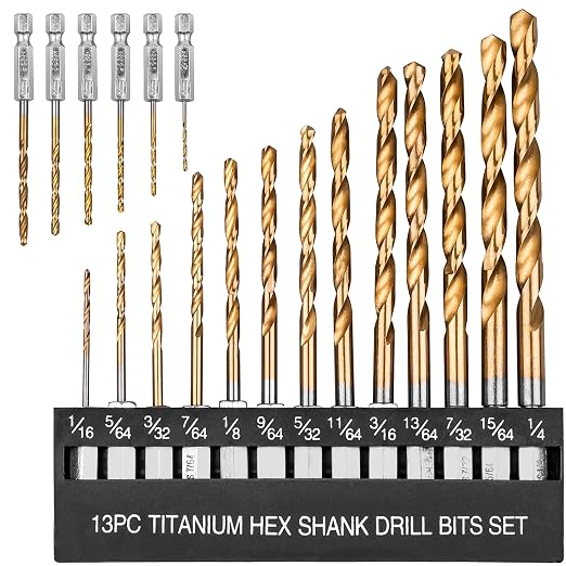 AUYAARS 19 PCS Hex Shank Drill Bit Set, 1/16"-1/4" HSS Titanium Coated Twist Bits for Metal Wood Plastic, 4241 High Speed Steel Small Quick Change Drill Bits with Holder