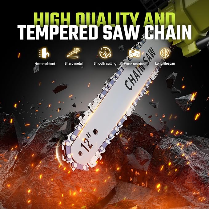 SEYVUM Brushless 12 Inch Chainsaw Cordless, 20V Battery Chainsaw with 2 x 4.0Ah Batteries, 2 x Chains, Electric Chainsaws with Tool-Free Chain Tension, Auto Oiling for Wood Cutting Trimming Branch
