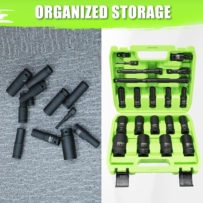 SUNHZMCKP 20 PCS 1/2" Impact Socket Set, Drive Deep 6 Point Socket Set, Including Standard SAE Sockets (3/8" to 1-1/4"), 3 ", 6", 10" Impact Extension Bar and Drill Socket Adapter, Cr-MO