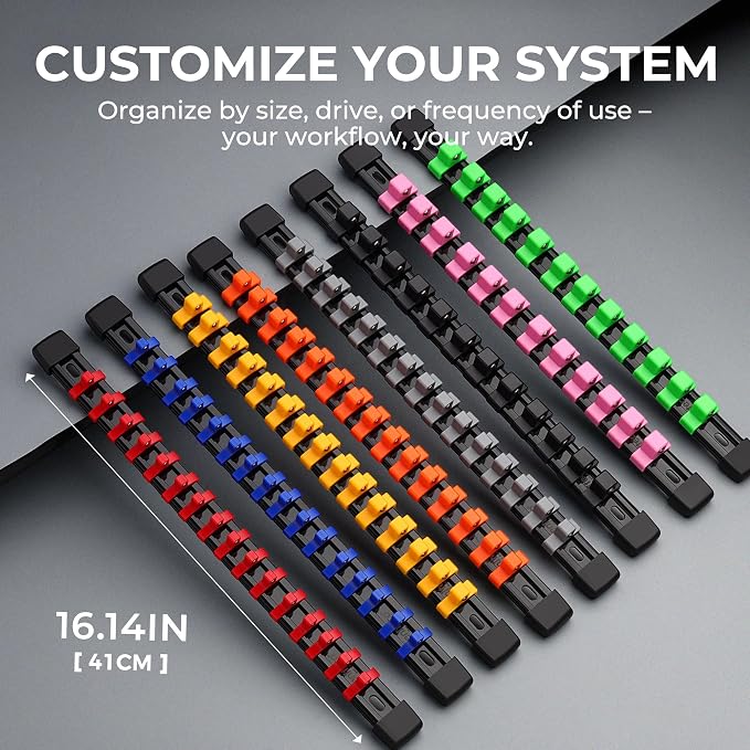 Reniteco 30-Pack Socket Organizer, 1/4" x 160 3/8" x 150 1/2" x 120 Clips | 430 Clip Capacity, Havy-Duty ABS Socket Rails, Removable Clips, Drive Socket Storage, Toolbox Drawer or Wall Mount
