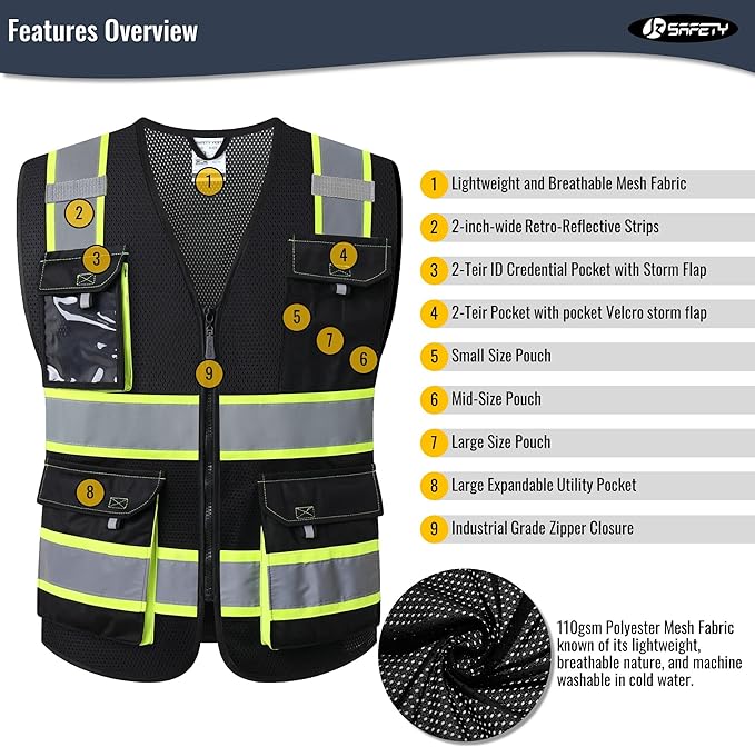 JKSafety Hi Vis Reflective Safety Vests for Men Women High Visibility Vest with Pockets Mesh Fabric Construction Safety Apparel Neon Vest for Work (220-Black 5XL)