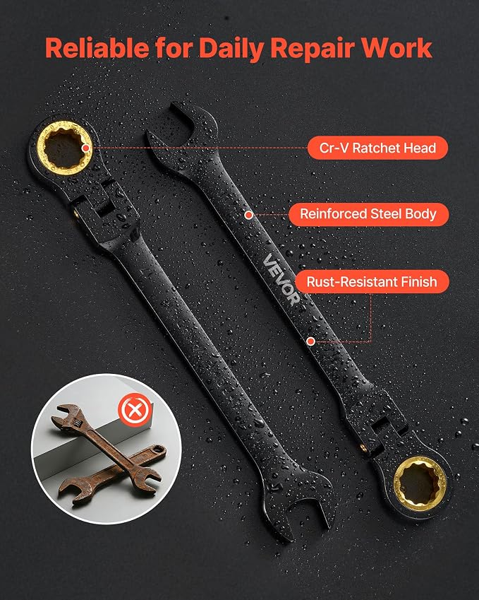 VEVOR 24-piece Ratcheting Wrench Set with 180° Flex Head, Anti-Slip Tooth, Combination Wrench Sets with Organizer Box, Metric 8-19mm & SAE 1/4-3/4", Black Electrophoretic Coating