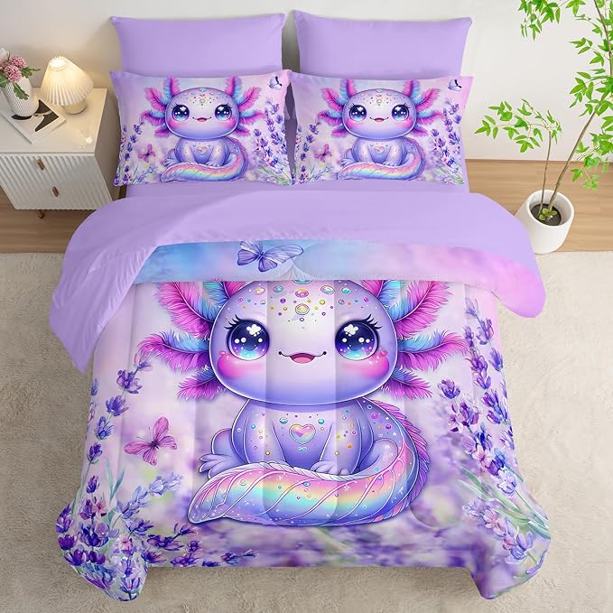 Axolotl Bedding 7 Piece Comforter Set Twin Size,Marine Life Themed Bed Set for Toddlers Girls Room Decor,Cute Kids Bedding with 1 Comforter,1 Flat Sheet,1 Fitted Sheet,4 Pillowcases.