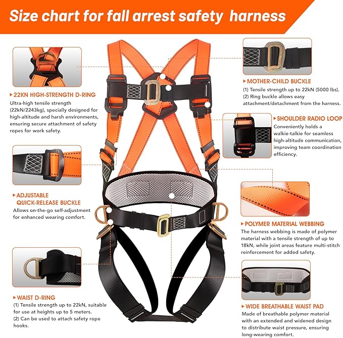 Safety harness fall protection kit, equipped with shock-absorbing ropes, full-body safety harness for roof work