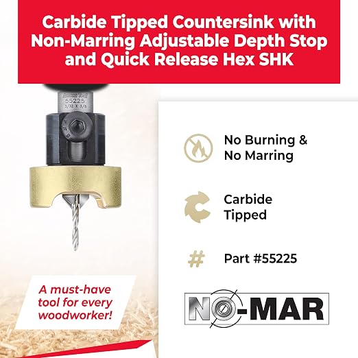Amana Tool 82 Degree Countersink with Drill Bit Depth Stop and No-Thrust Ball Bearing, 55225, 3/8 D x 3/32 Drill D x 1/4 Inch Quick Release Hex Shank