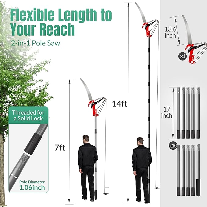 Suchtale Pole Saw 14FT, 2-in-1 Tree Pruner with Saw & Pruning Scissors, Quadruple Pulley Pole Trimmer for High Branch Cutting, Palm Tree, Fruit Tree & Shrub Pruning, Yard Garden Tree Care
