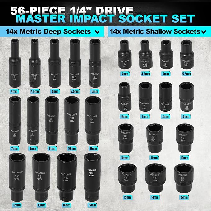 Socket Set 1/4, 56 Piece Impact Socket Set Metric and Standard Full | 6 Point, Cr-MO, 1/4-Inch Drive Ratchet Handle, Drive Extension Bar, Impact Universal Joint,impact adapter