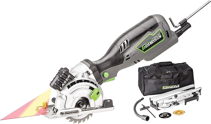 Genesis GPCS535CK 5.8 Amp 3 1/2” Control Grip Plunge Compact Circular Saw Kit with Laser, Miter Base, 3 Assorted Blades, Vacuum Adapter Hose, Rip Guide and Carrying Bag