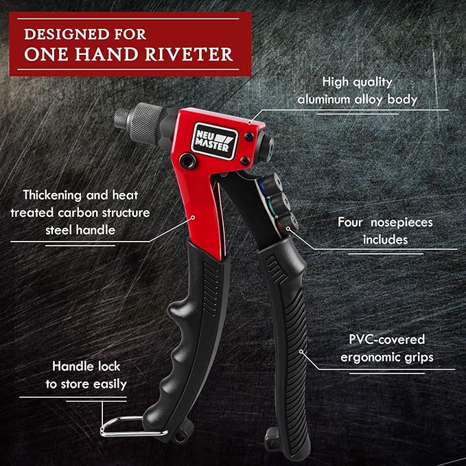 NEU MASTER Rivet Gun with 200Pcs Rivets, Manual Rivet Gun Kit with 4 Tool-Free Interchangeable Rivet Heads, BMC Case, Heavy Duty Single Hand Riveter for Plastic, Metal, Leather