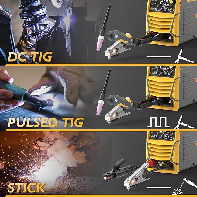 TOOLIOM 200A TIG Welder with Pulse, 4 in 1 Multifunctional TIG Welding Machine DC TIG/Spot TIG/Pulse TIG/Stick 110&220V Dual Voltage with Large Digital Display